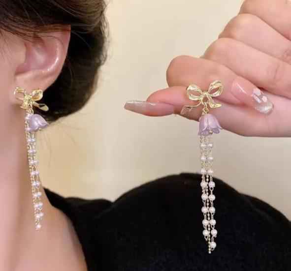 Korean Long Pearl Aesthetic and cute Bow Drop Earring