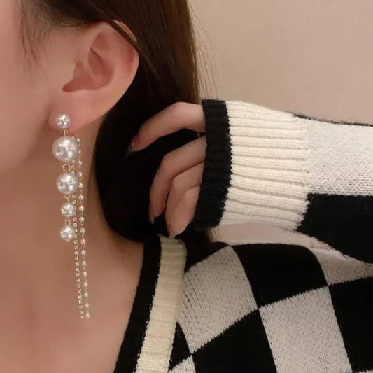 Chic  Trendy Pearl Stones Detachable Long Earrings