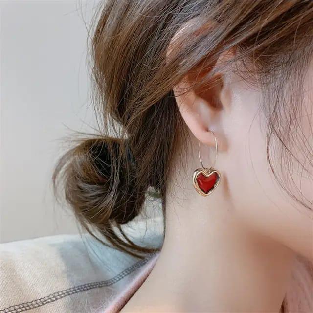 Minimal Red Heart Charm Hoops