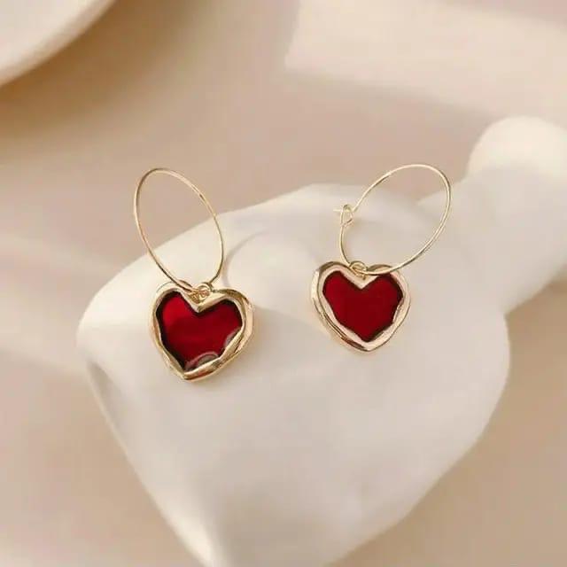 Minimal Red Heart Charm Hoops