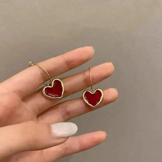 Minimal Red Heart Charm Hoops