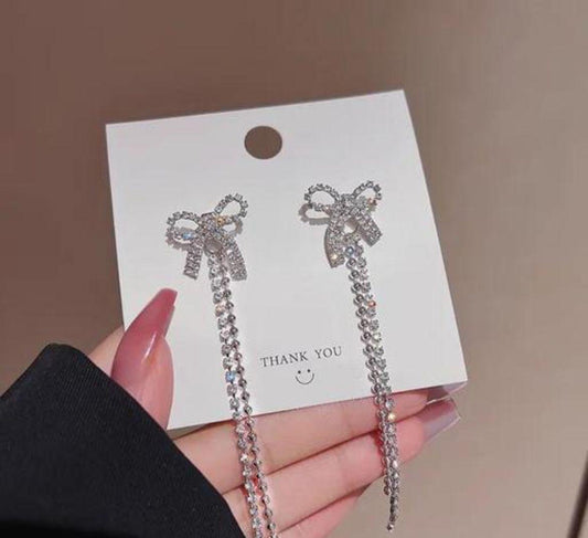 Rhinestone Bow Long Chain Earrings