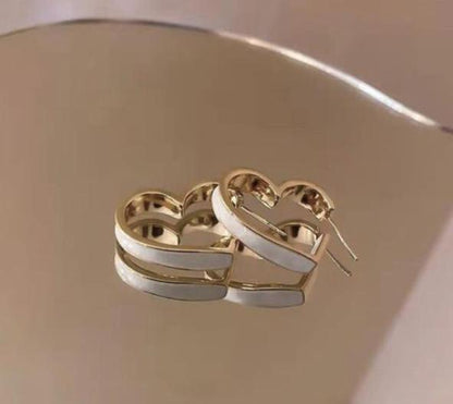 Minimal Metallic Ivory Heart Hoops
